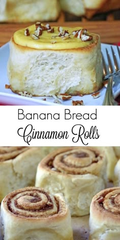 banana bread cinnamon rolls on a plate with a fork next to it and the recipe below