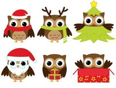 an image of christmas owls with hats and gifts