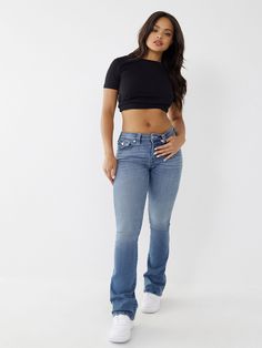 BECCA BOOTCUT JEAN Jeans On Black Women, Levi Flare Jeans Outfit, Soccer Wife Outfit, Shoes With Bootcut Jeans, Outfits With Bootcut Jeans, Jean Sweatpants, Bootcut Outfit, True Religion Jeans Outfit, Mid Rise Jeans Outfit