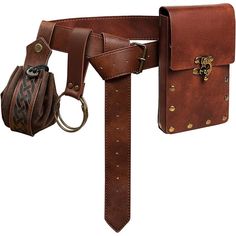 a brown leather belt with two bags attached to it