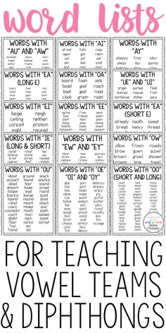 word lists for teaching words and phonics with the text's name in pink