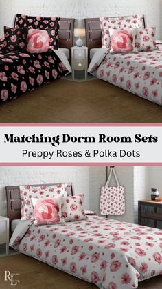 matching dorm room sets for preppy roses and polka dots are easy to do with