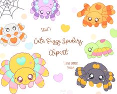 some cute little furry spider cliparts are in the shape of flowers and hearts