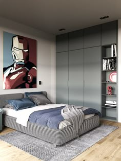 a bedroom with a bed, bookshelf and pictures on the wall