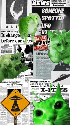 a collage of photos with green cats and aliens on them, including a street sign