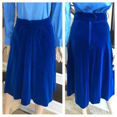 "So beautiful. Makes me want to sing Blue Suede Shoes. Waist does not stretch but hips are slightly stretchy. Polyester zipper back. Great condition. Size Small Length 28\" Waist 26\" Hips 40\"" Blue A-line Fitted Bottoms, Retro Blue Party Skirt, Formal Blue Knee-length Bottoms, Retro Blue Lined Skirt Bottoms, Retro Blue Flared Skirt Bottoms, Retro High-waist Blue Skirt, Retro High Waist Blue Skirt, Vintage Blue Flared Skirt, Vintage Blue Skirt