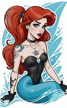 a woman with red hair sitting on top of a blue mermaid's tail and wearing black gloves