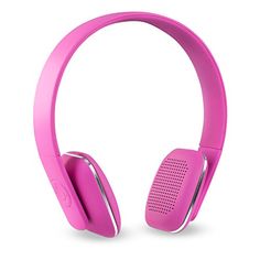 the pink headphones are on display against a white background