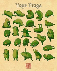 an image of yoga frogs in various poses and positions, with the words'yoga frogs'above them