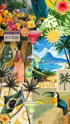 a collage of tropical scenes with drinks