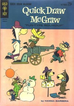 a book with cartoon characters on it and an image of a man riding a horse drawn carriage