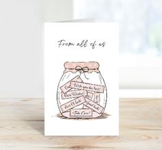 a card with an illustration of a jar filled with cards that say, from all of us