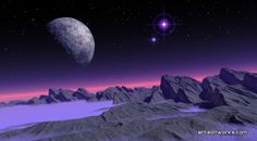 an alien landscape with mountains and planets in the sky