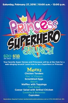 the flyer for princess and superhero brunch