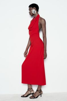 MIDI HALTER DRESS - Red | ZARA United States Midi Halter Dress, Zara Red Dress, Trench Coat Dress, Back Back, Zara Woman Dress, Halter Neck Dress, Halter Midi Dress, Cardigan Sweater Jacket, Tshirt Skirt