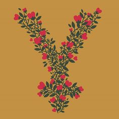 the letter v is made up of small red flowers and green leaves on an orange background