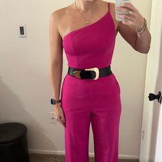 New, Never Used Size Small Crystal Sky Hot Pink Color Can Be Formal Does Not Come With The Black Belt Hot Pink Sparkly Jumpsuit, Hot Pink Strapless Jumpsuit, One-piece Pink Jumpsuit For Vacation, Chic Pink One-shoulder Jumpsuit, Bright Pink Belt, Hot Pink Jumpsuits, Black Romper Shorts, Cargo Jumpsuit, Boho Romper