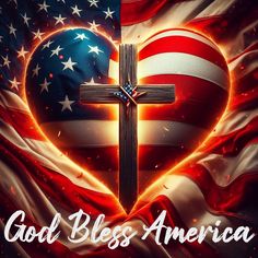 an american flag with a cross in the shape of a heart and words god bless america