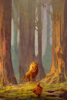 a painting of a lion standing in the middle of a forest with two people looking at it