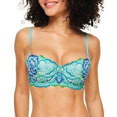 This bra is adorned with bright statement floral lace. This bra has underwired cups for support and adjustable straps for a comfortable, customized fit. Fitted Blue Bra With Lace Closure, Blue Lace Trim Bra For Spring, Green Fitted Lace Bra, Bleached Denim, Adore Me, Balconette Bra, Demi Bra, Plunge Bra, Bra Shop