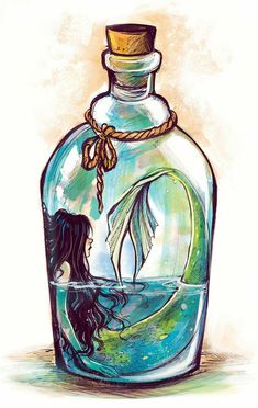 a drawing of a bottle with a mermaid in it and a rope on the top