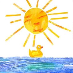 a drawing of a duck floating in the ocean under a sun with rays coming out