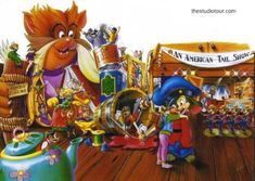 an image of a cartoon character in front of a carnival booth with other characters around it