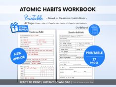 the printable worksheet for atomic habit workbook is shown in blue and white