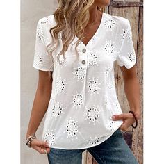 Season:Summer; Fabric:Polyester; Sleeve Length:Short Sleeve; Gender:Women's; Style:Basic; Tops Type:Blouse,Shirt,Dressy Tops; Occasion:Daily; Pattern:Solid Color,Plain; Design:Buttons,Eyelet,Embroidered; Neckline:V Neck; Brand:Shall We; Front page:FF; Listing Date:04/16/2024; Bust:null; Length:null; Shoulder Width:null; Sleeve:null; Fit US Size:null; Fit UK Size:null; Fit EU Size:null Non-stretch Summer Blouse With Buttons, Summer Non-stretch Button-up Blouse, Non-stretch Summer Button-up Blouse, Non-stretch Button-up Summer Blouse, Summer V-neck Tops With Buttons, Casual V-neck Eyelet Blouse, Summer V-neck Top With Eyelet Detail, Summer V-neck Blouse With Buttons, Summer Eyelet V-neck Blouse