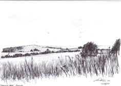 a drawing of a field with trees and hills in the background