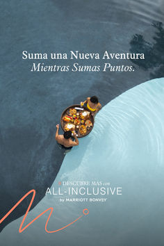 a man in a small boat on the water with food and words above him that read suma una nueva aventura menara, sinas punos