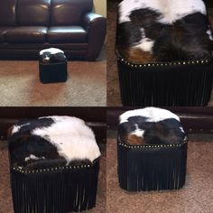 three different pictures of the same animal skin on an ottoman and footstool,