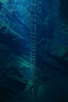 an underwater view of a ladder in the water