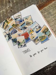 an open travel book with stamps on the pages and pictures in it that say, travel