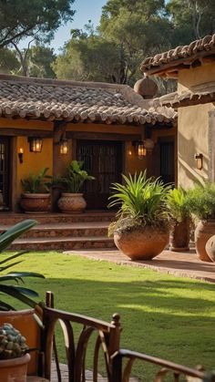 an outside view of a house with plants and potted plants in the front yard