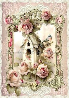 a birdhouse surrounded by pink roses on a white lace border with an ornate frame