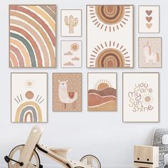 a child's playroom with wooden toys and art on the wall above it