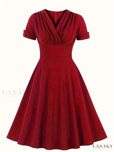 Lasaky - Sophisticated Vintage Body-Con Dress: Elegant Slim V-Neck Midi Dress for Women, Ideal for Summer and Spring Fashion Cheap Red Dresses With Pockets, Cheap Red Workwear Dresses, Cheap Red Button-up Dress, Cheap Red Dresses For Work, Cheap Red Short Sleeve Dress, Cheap Red Dresses With Button Closure, Midi Dress For Women, V Neck Midi Dress, Dress Elegant