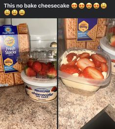 two pictures of strawberries and cheesecakes in plastic containers on the counter top