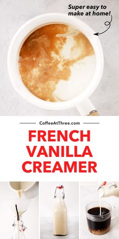 the french vanilla creamer is being poured into a cup