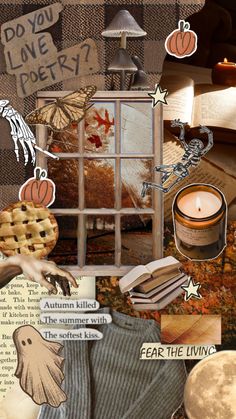 altered collage with pumpkins, books, candles and other items to create an autumn themed collage