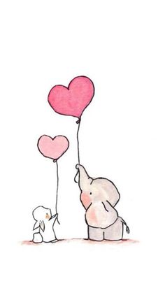 an elephant holding two heart shaped balloons with a small dog on the ground next to it