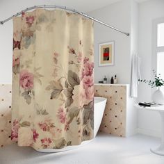 a bath room with a toilet and a shower curtain on the side of the tub