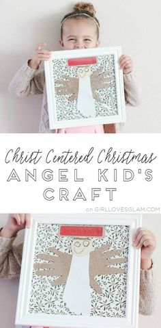 a girl holding up an angel kid's craft with the words christ created christmas angels