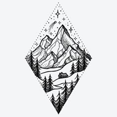 a mountain with trees and stars in the sky on it's side, drawn by hand