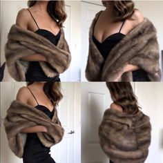 four pictures of a woman wrapped in a fur shawl and posing for the camera