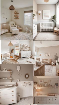 a collage of photos with baby furniture and decor in neutral colors, including white cribs