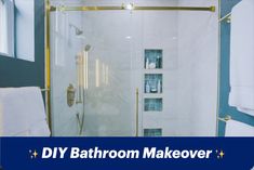 a bathroom with blue walls and gold trim around the shower door is featured in this article