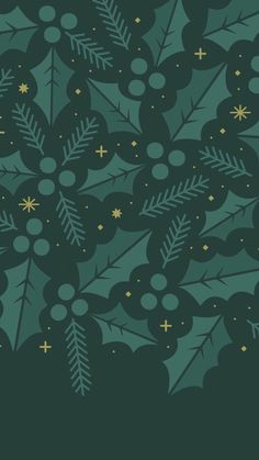 a green christmas background with holly leaves and stars