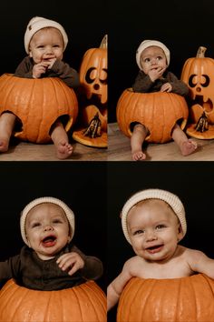 a baby is sitting in a pumpkin costume